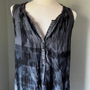 Go by Go Silk Grey Black Silk Tie Dye Sleeveless Midi Dress Raw Hem Split Neck L